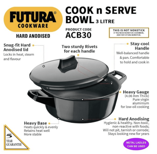 Hawkins Futura 3 Litre Cook n Serve Bowl, Hard Anodised Saucepan with Hard Anodised Lid, Sauce Pan for Cooking and Serving, Black (ACB30) (Aluminium) - Image 2